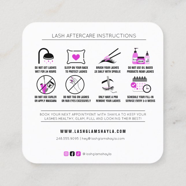 Lash Extensions Aftercare Instructions Hot Pink Sq Square Business Card (Back)