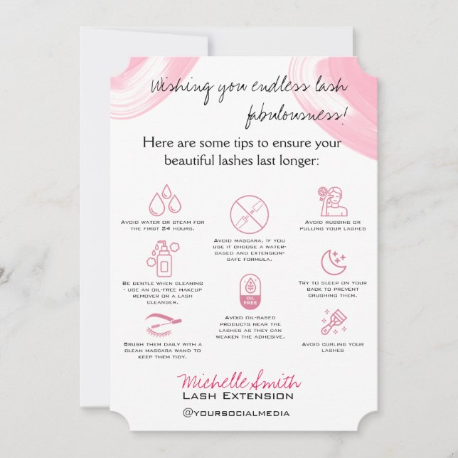 Lash extensions Aftercare Instructions Icon Pink Thank You Card (Front)