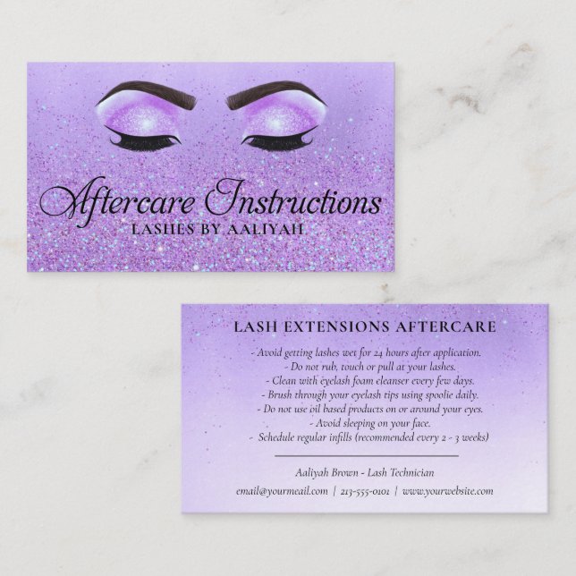 Lash Extensions Aftercare Purple Glam Glitter Eyes Business Card (Front/Back)