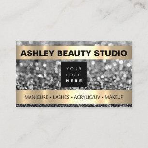 Lash Makeup Nail Stylist Logo Grey Silver Glitter Business Card