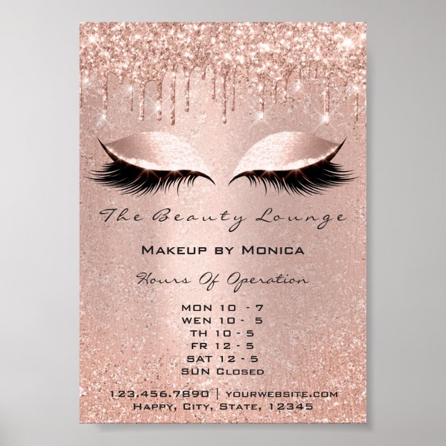 Lash Makeup Opening Hours Salon Rose Drips Glitter Poster (Front)