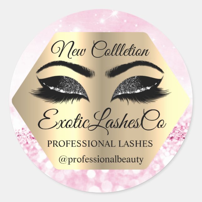 Lash Packaging Makeup Artist Gold Pink GLITTER Classic Round Sticker (Front)
