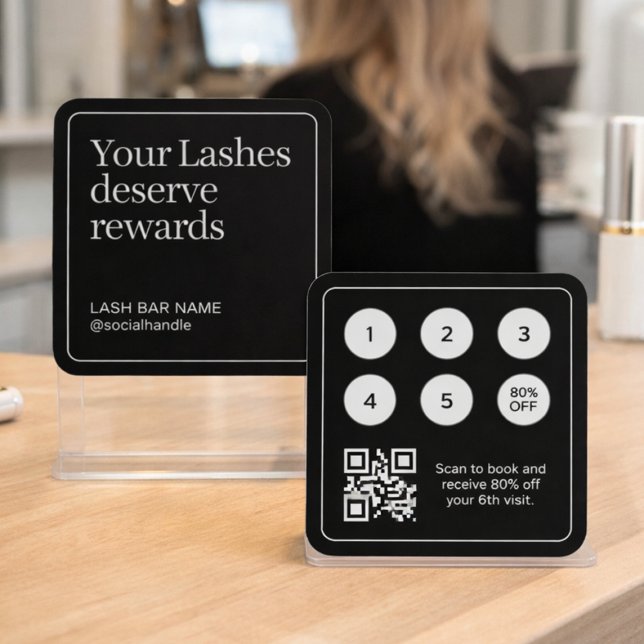 Lash Salon Client Punch Card Black (Minimalist lash referral card styled with beauty tools)