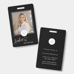 Lash Stylist Minimal Black White Script Logo Photo ID Badge