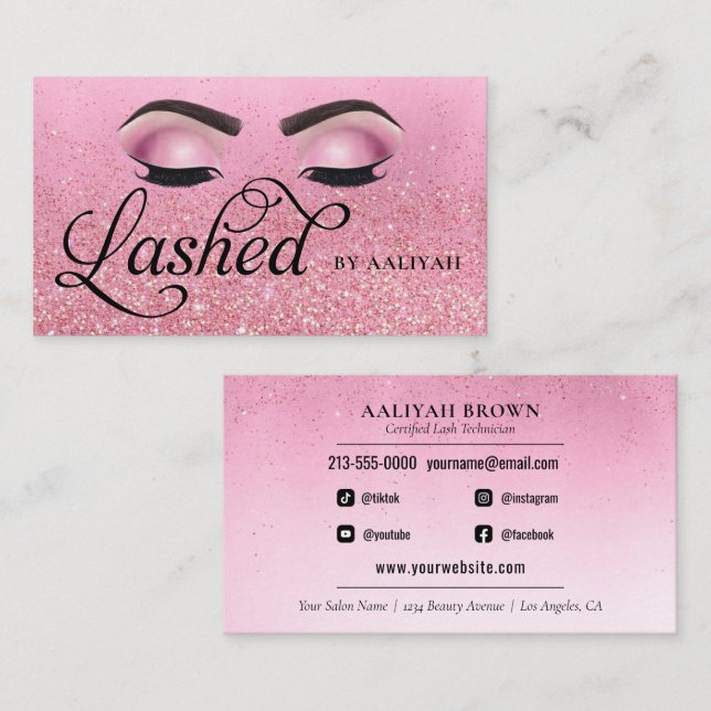 Lash Tech Rose Red Pink Glam Glitter Eyes Business Card (Front/Back)
