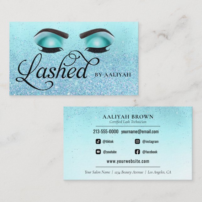Lash Tech Turquoise Blue Glam Glitter Eyes Business Card (Front/Back)