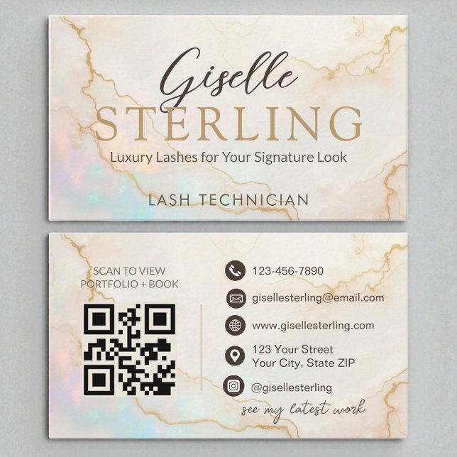 Lash Technician Elegant Pearl Opal Gold Script Business Card (Creator Uploaded)