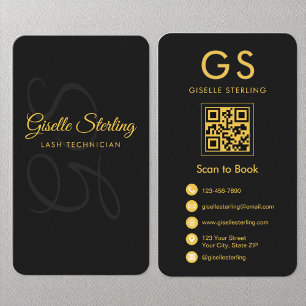 Lash Technician Monogram Black Gold QR Code Beauty Business Card
