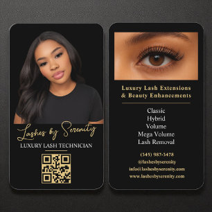 Lash Technician QR Code Black Gold Luxury Beauty Business Card