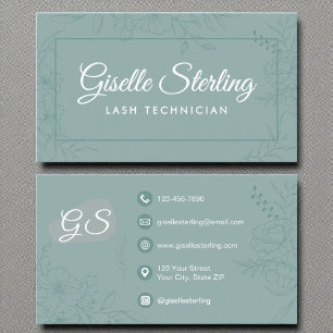 Lash Technician Teal Floral Line Art Modern Script Business Card