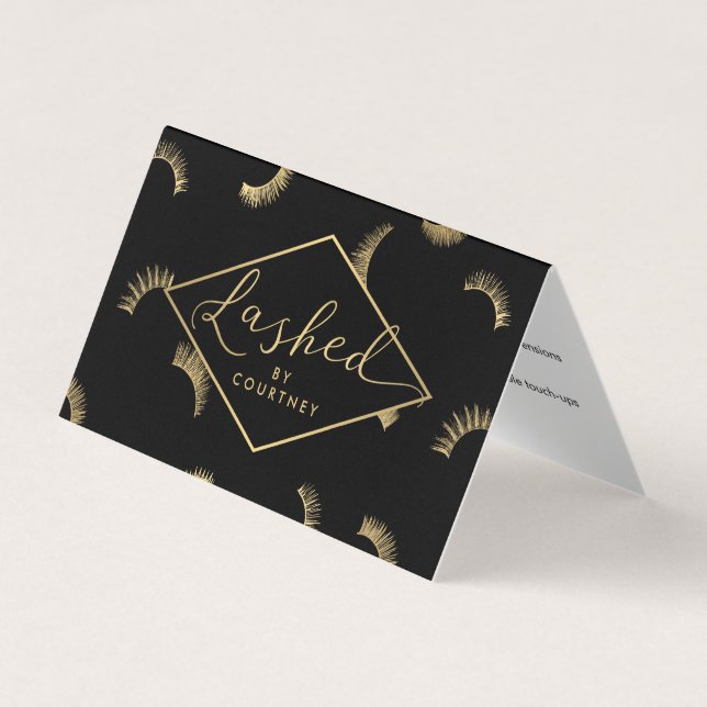 Lashed Text Lashes Pattern Black/Gold Aftercare Business Card (Front)