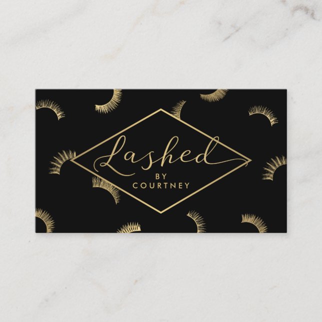 Lashed Text Lashes Pattern Black/Gold Business Card (Front)