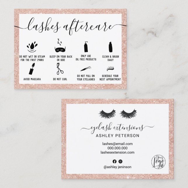 Lashes aftercare illustrations rose gold glitter business card (Front/Back)