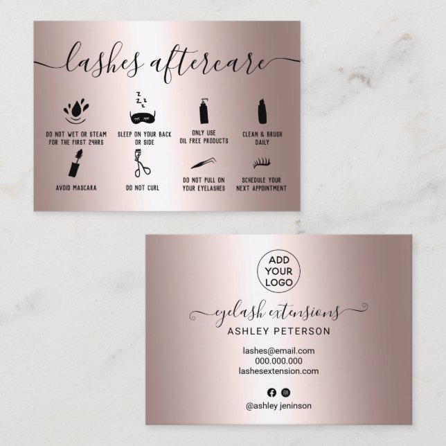 lashes aftercare illustrations rose gold metallic business card (Front/Back)