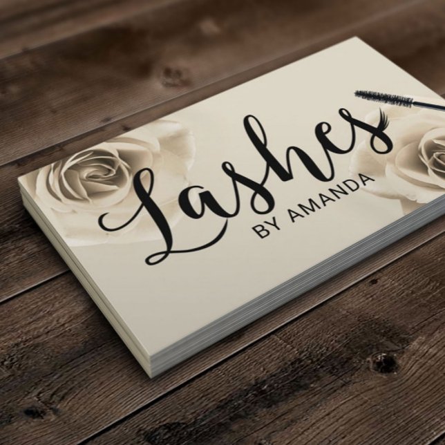 Lashes Black Script Ivory Floral Lash Extension Business Card (Creator Uploaded)