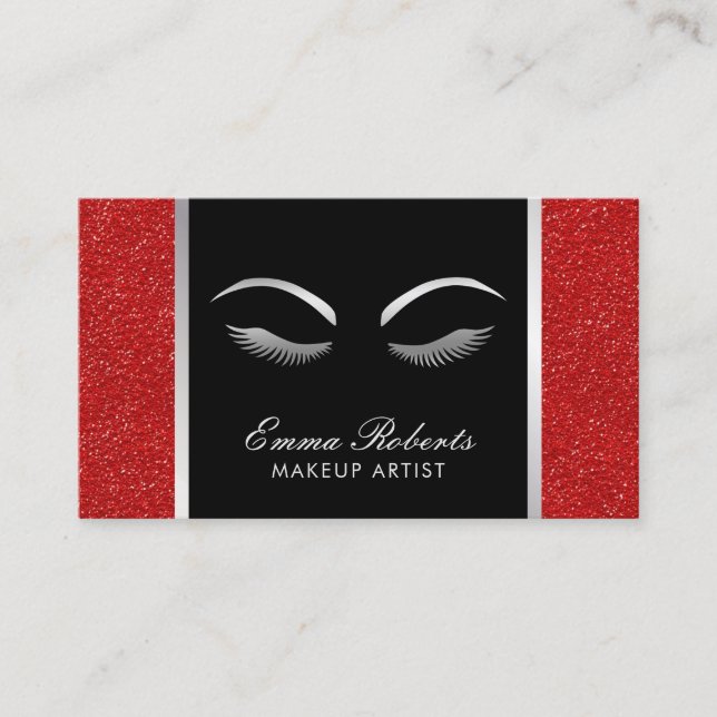 Lashes & Brow Makeup Artist Modern Red & Silver Business Card (Front)