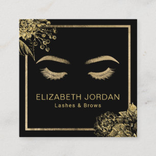 Lashes Brows Beauty Salon Black & Gold Botanical Square Business Card