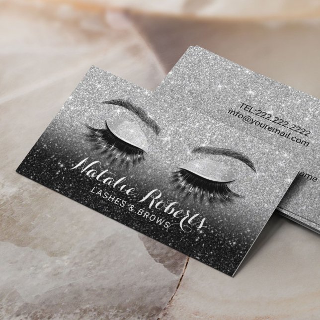 Lashes Brows Beauty Salon Black & Silver Glitter Business Card (Creator Uploaded)