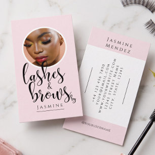 Lashes & Brows Blush Pink Black Calligraphy Photo Business Card