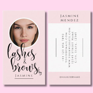 Lashes & Brows Blush Pink Calligraphy Photo Circle Business Card