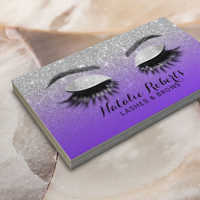 Lashes Brows Makeup Artist Purple & Silver Glitter Business Card (Creator Uploaded)