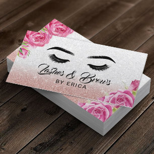Lashes & Brows Makeup Artist Silver Glitter Floral Business Card