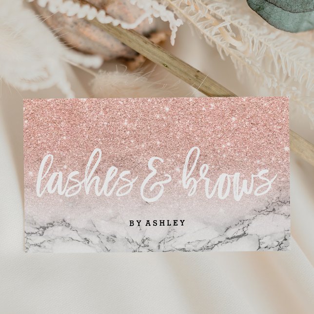 Lashes brows typography rose gold glitter marble business card (Creator Uploaded)