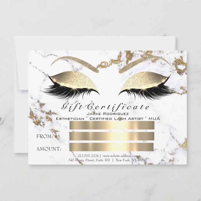 Lashes ExtensionWhite Gold Marble Certificate Gift Invitation (Front)