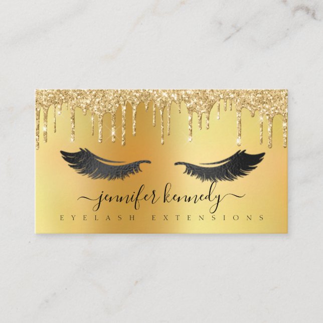 Lashes Eyelash Extensions Dripping Glitter Gold Business Card (Front)