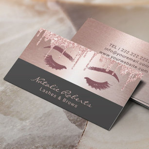 Lashes Eyelash Makeup Artist Rose Gold Drips Gray Business Card