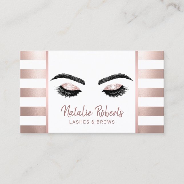 Lashes Eyelash Makeup Artist Rose Gold Stripe Business Card (Front)