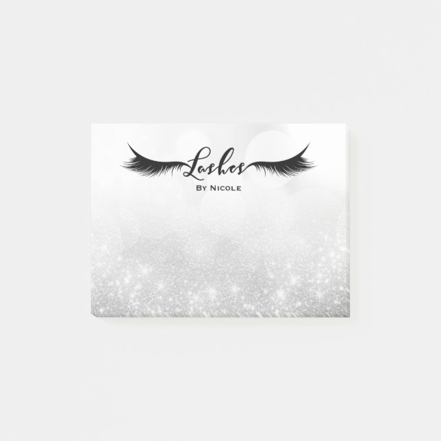Lashes Eyelashes Silver Sparkle Glam Personalised Post-it Notes (Front)