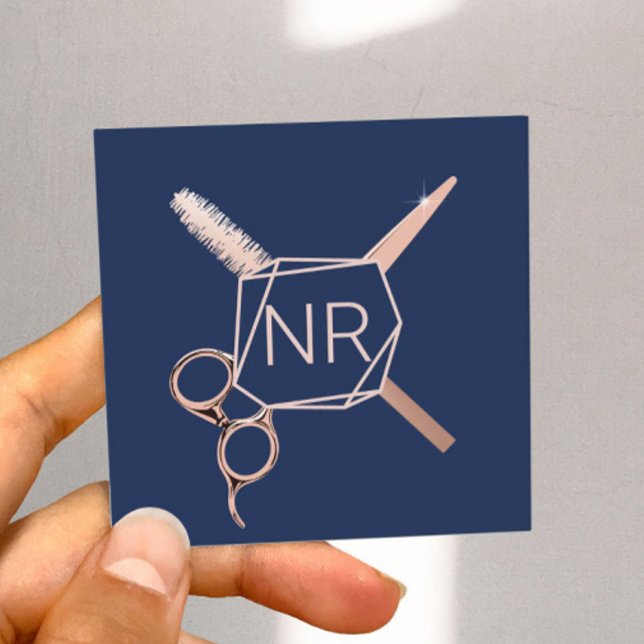 Lashes Hair Stylist Rose Gold Geometric Navy Blue Square Business Card (Creator Uploaded)