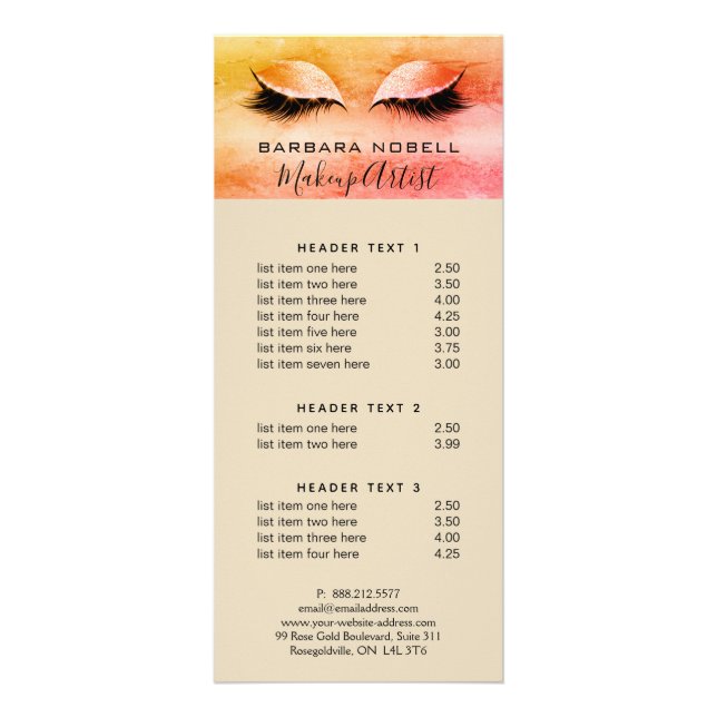 Lashes Lash Makeup Service Menu Yellow Orange (Front)