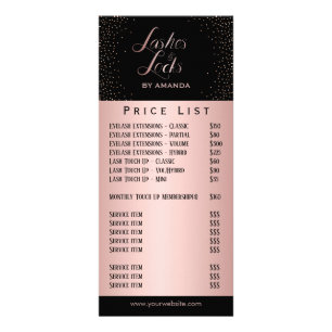 Lashes & Locks Makeup Artist Rose Gold Price List Rack Card