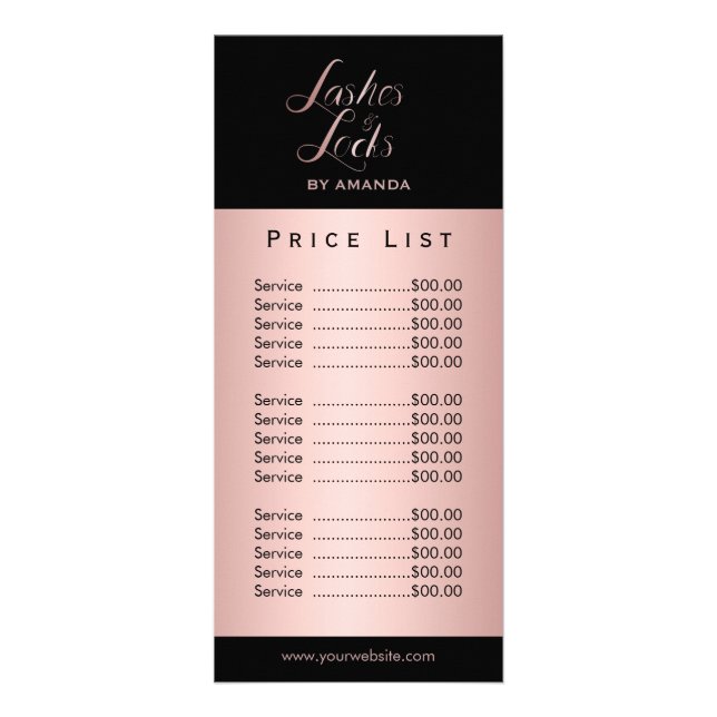 Lashes & Locks Makeup Artist Rose Gold Price List Rack Card (Front)