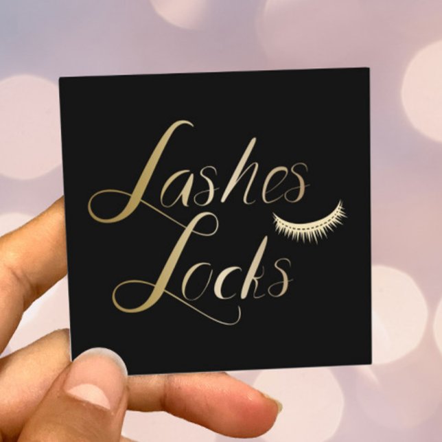 Lashes & Locks Modern  Black & Gold Makeup Artist Square Business Card (Creator Uploaded)