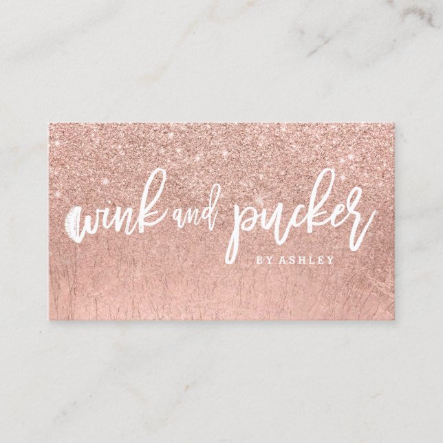 Lashes logo typography faux rose gold glitter business card (Front)