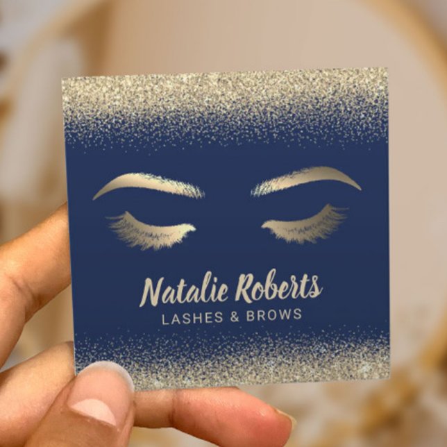 Lashes Makeup Artist Gold Confetti Navy Blue Salon Square Business Card (Creator Uploaded)