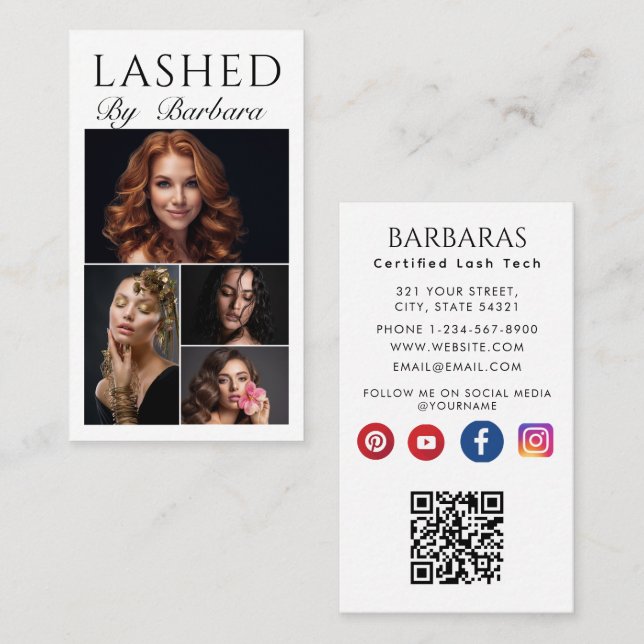 Lashes Makeup Artist Modern Black 4 photo qr code Business Card (Front/Back)