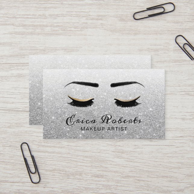 Lashes Makeup Artist Modern Silver Glitter Business Card (Front/Back In Situ)