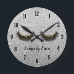 Lashes Makeup Artist Modern Silver Glitter Round Clock<br><div class="desc">Lashes Makeup Artist Modern Silver Glitter Clocks.</div>