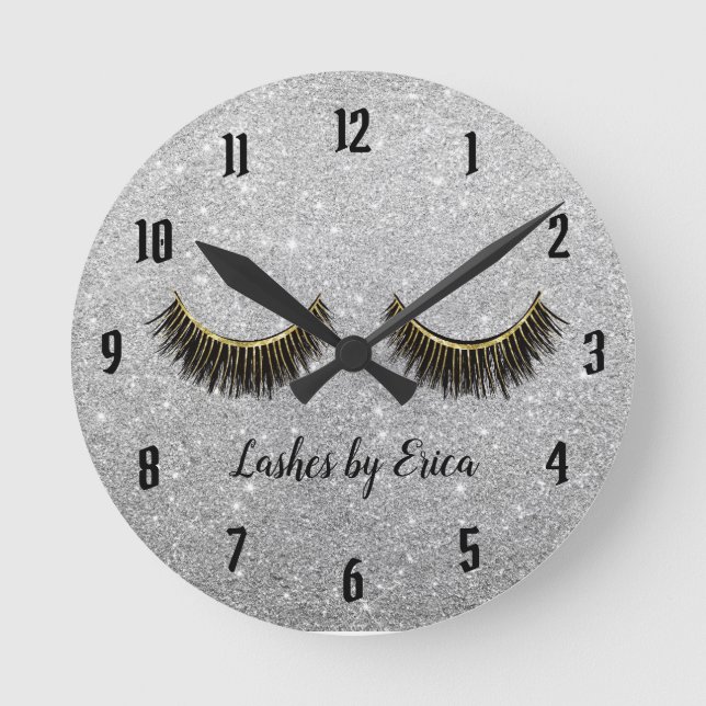 Lashes Makeup Artist Modern Silver Glitter Round Clock (Front)