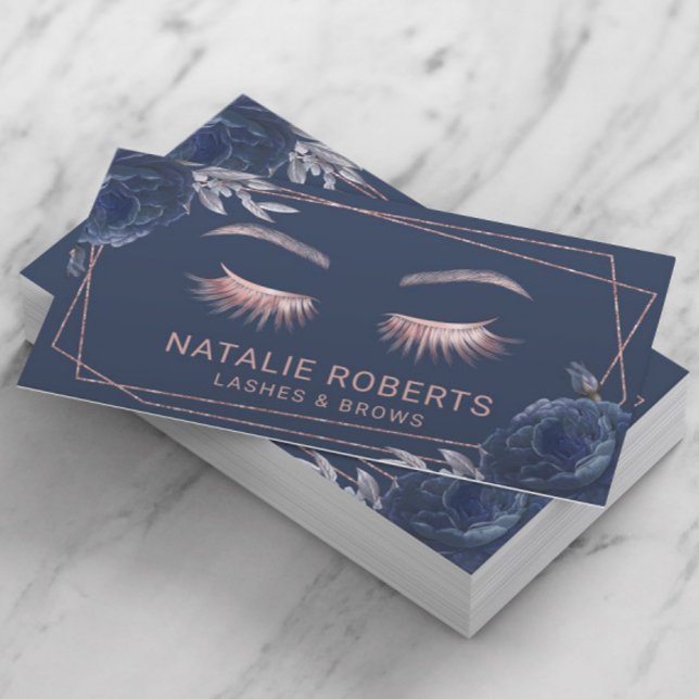 Lashes Makeup Artist Navy Floral Geometric Salon Business Card (Creator Uploaded)