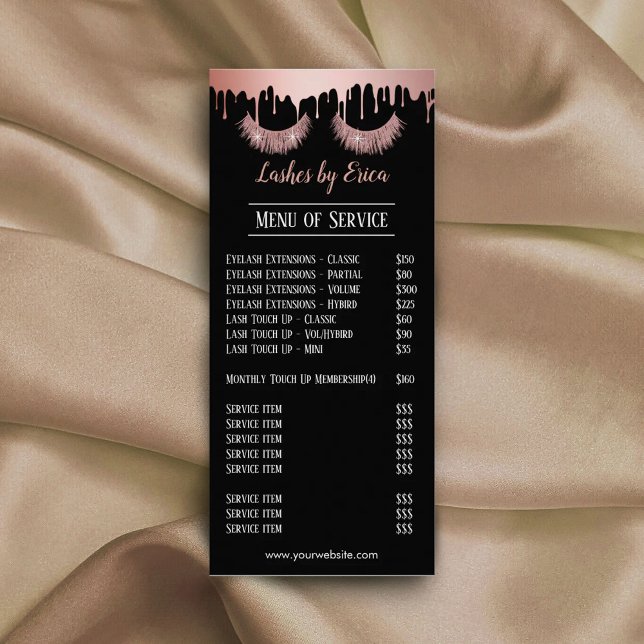 Lashes Makeup Artist Rose Gold Dripping Price List Rack Card (Creator Uploaded)
