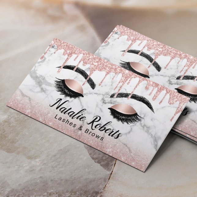 Lashes Makeup Artist Rose Gold Drips White Marble Business Card (Creator Uploaded)