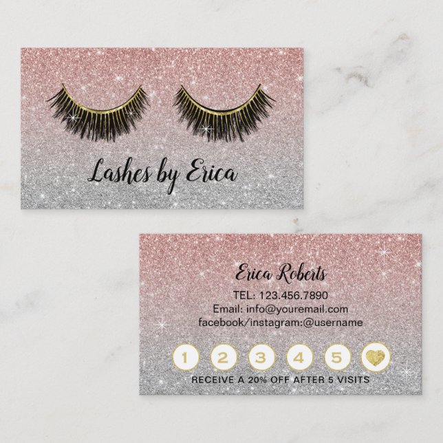 Lashes Makeup Artist Rose Gold Glitter Loyalty Card (Front/Back)