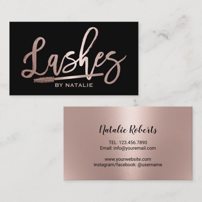 Lashes Makeup Artist Rose Gold Handwritten Script  Business Card (Front/Back)