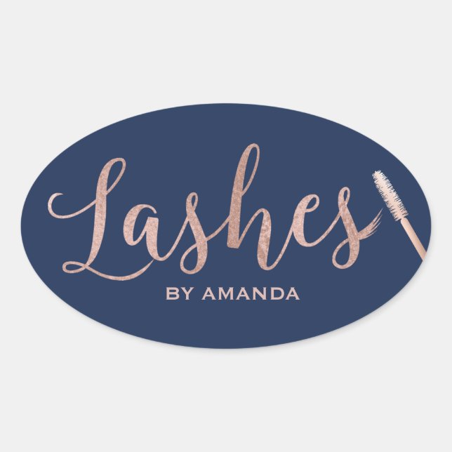 Lashes Makeup Artist Rose Gold Script Navy Oval Sticker (Front)