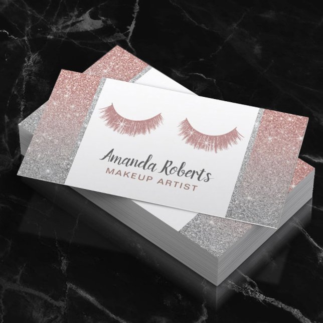 Lashes Makeup Artist Rose Gold & Silver Glitter Business Card (Creator Uploaded)